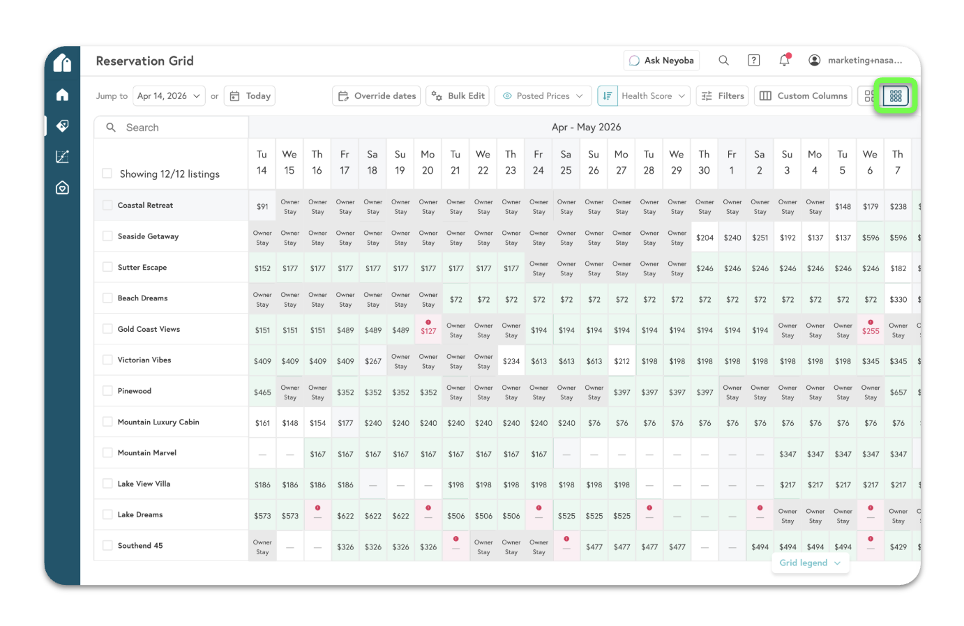 Compact grid view in Beyond with listing stats and pricing for multiple listings at once