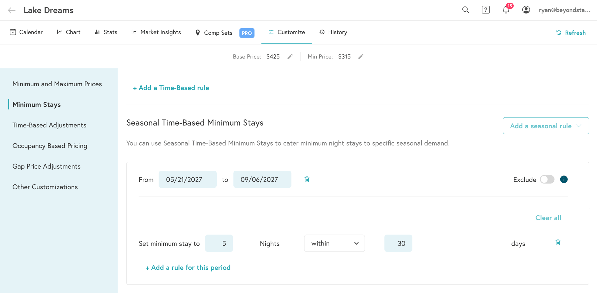 Seasonal Time Based Minimum Stays