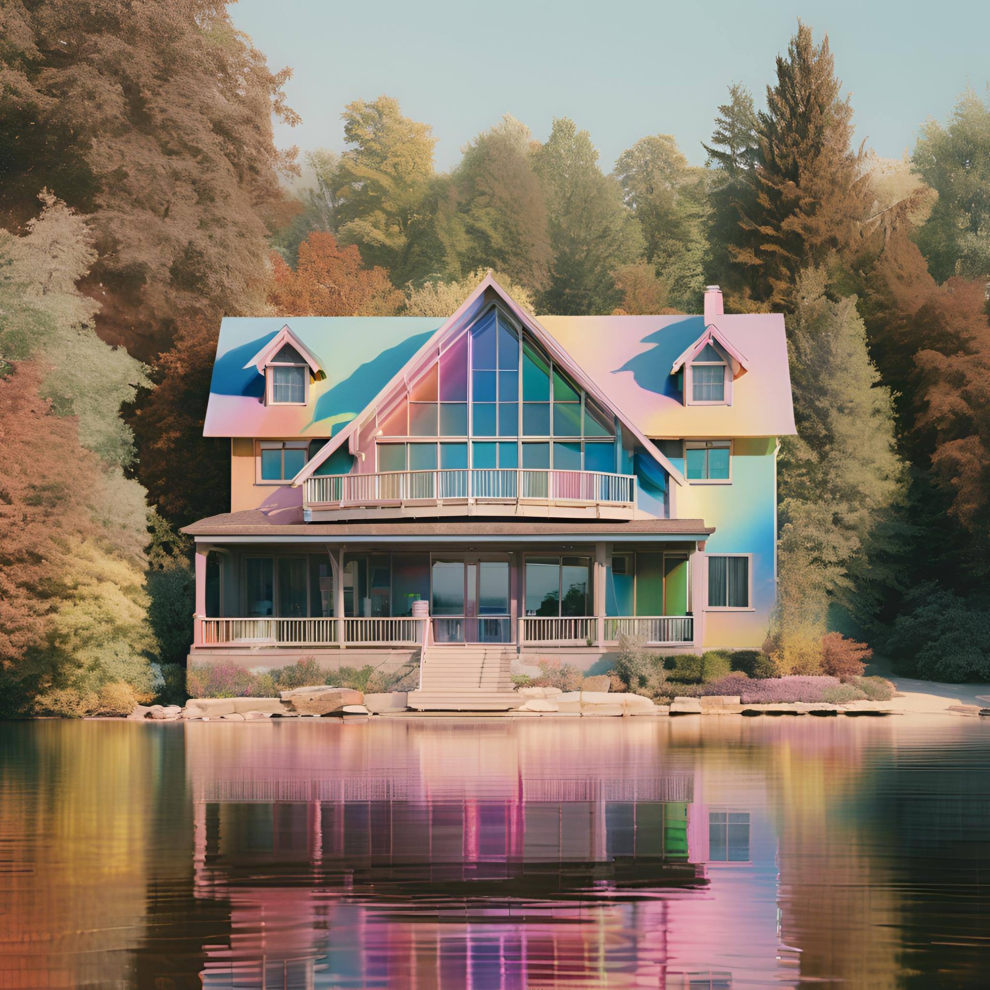 lake house, hyper realistic, iridescent colors lake house, hyper realistic, iridescent colors